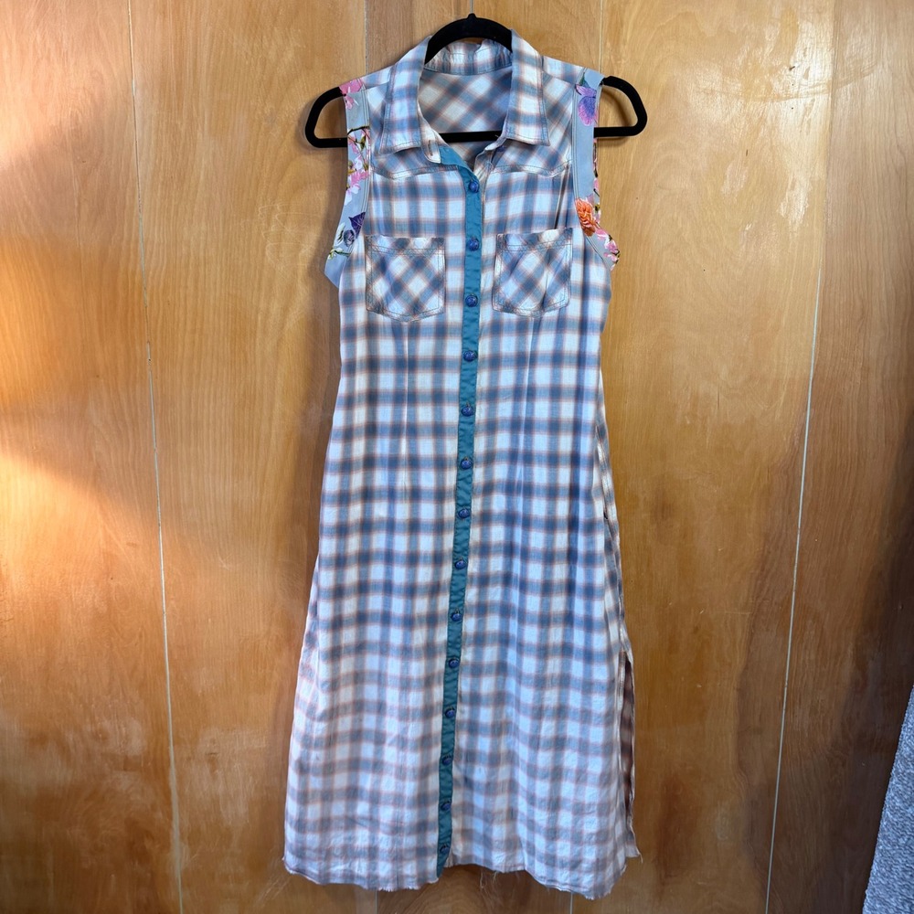 Plaid Floral Mixed Media Sleeveless Button Down Midi Dress Blue Pink Small